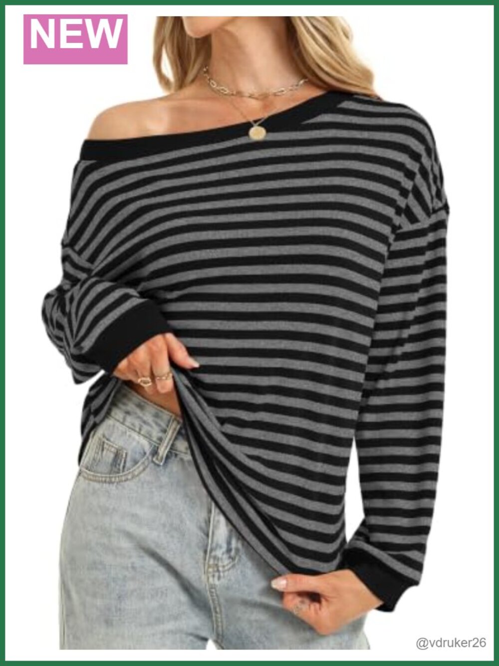 Off the Shoulder Striped Long Sleeve T-Shirt Oversized Slouchy Drop Shoulder Top